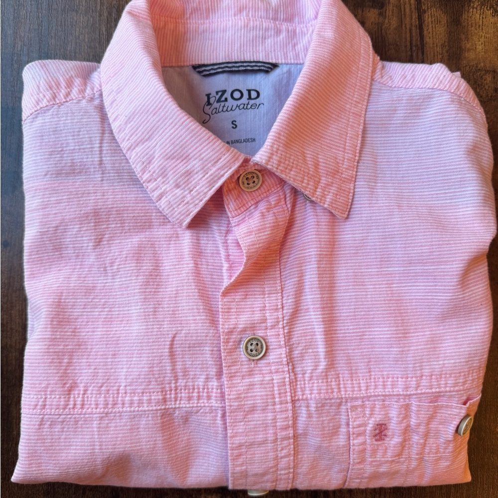 Izod Saltwater Pink Men’s 100% Cotton Button Down Beach Short Sleeve Shirt Small - Picture 2 of 10